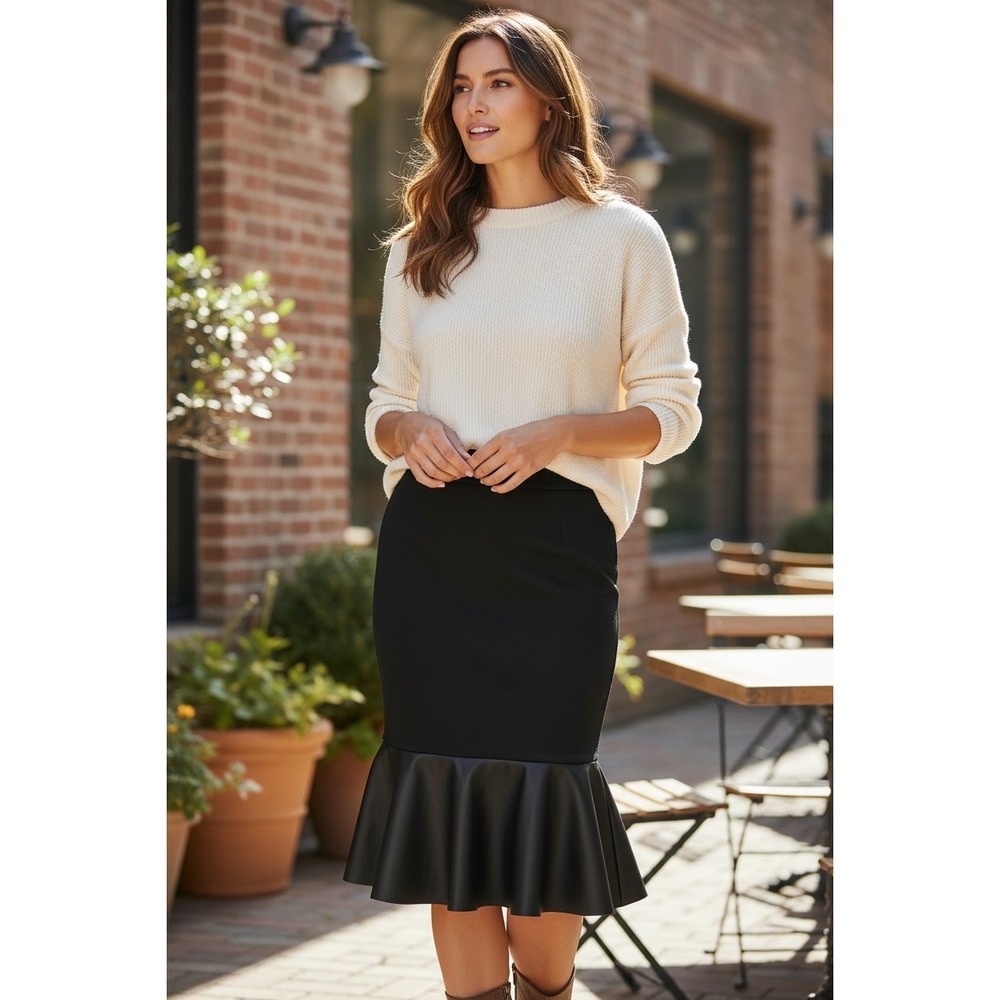 MICHAEL Michael Kors Black Skirt XS Women\ Pencil Faux Leather Ruffle Hem